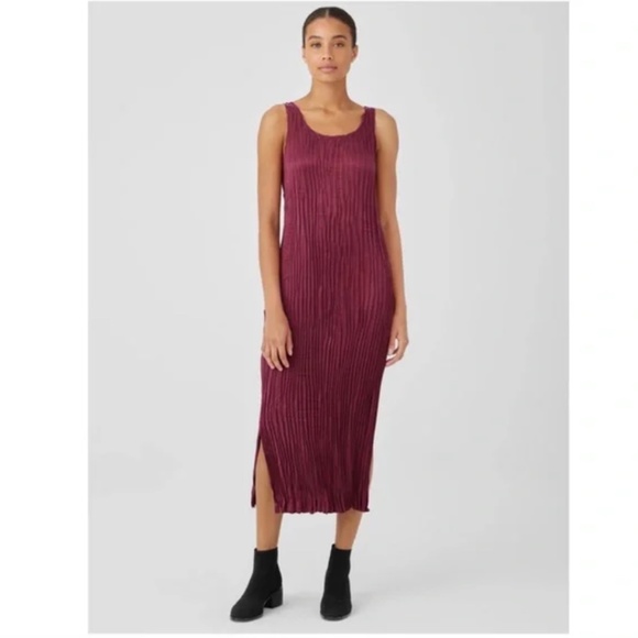 Eileen Fisher Crushed Cupro Scoop Neck F/L Tiered Dress Ruby Burgundy - Picture 1 of 11